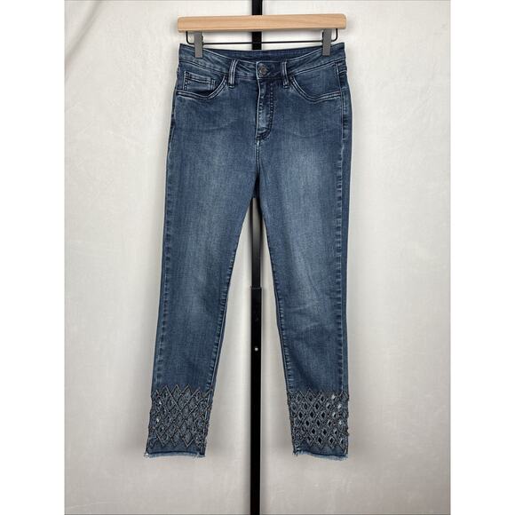 Joseph Ribkoff Diamond Cut-out Jeans Women's 6 Blue Embellished Cropped Stretch - Picture 1 of 11